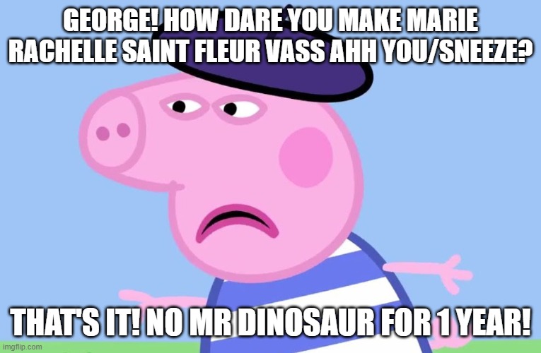 George make Marie sneeze/ahh you |  GEORGE! HOW DARE YOU MAKE MARIE RACHELLE SAINT FLEUR VASS AHH YOU/SNEEZE? THAT'S IT! NO MR DINOSAUR FOR 1 YEAR! | image tagged in what have you done,sneezing,haiti,staff,teaching,help me | made w/ Imgflip meme maker
