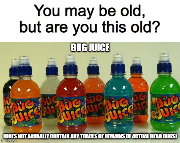 This might be THE LIQUID that Annie from FNF likes to drink. |  BUG JUICE; (DOES NOT ACTUALLY CONTAIN ANY TRACES OF REMAINS OF ACTUAL DEAD BUGS) | image tagged in you may be old but are you this old,bugs | made w/ Imgflip meme maker