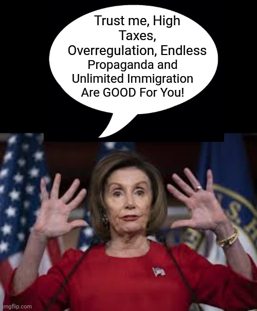 Numbskull Nancy | Trust me, High Taxes, Overregulation, Endless; Propaganda and Unlimited Immigration Are GOOD For You! | image tagged in nancy pelosi | made w/ Imgflip meme maker