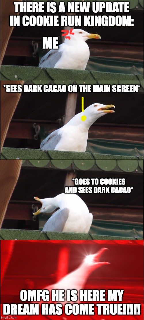 the father of dark choco has arrived! | THERE IS A NEW UPDATE IN COOKIE RUN KINGDOM:; ME; *SEES DARK CACAO ON THE MAIN SCREEN*; *GOES TO COOKIES AND SEES DARK CACAO*; OMFG HE IS HERE MY DREAM HAS COME TRUE!!!!! | image tagged in memes,inhaling seagull | made w/ Imgflip meme maker