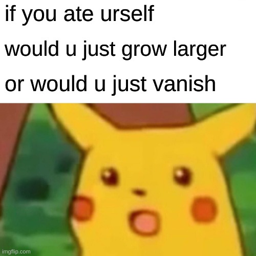 Surprised Pikachu | if you ate urself; would u just grow larger; or would u just vanish | image tagged in memes,surprised pikachu | made w/ Imgflip meme maker