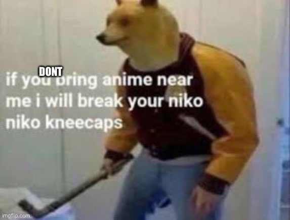 If you bring anime near me I will break your niko niko kneecaps | DONT | image tagged in if you bring anime near me i will break your niko niko kneecaps | made w/ Imgflip meme maker