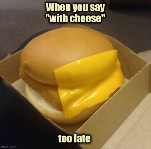 Going through the Drive-thru | When you say "with cheese"; too late | image tagged in what the fish,cheese time,fast food,and now you have officially carried it too far buddy | made w/ Imgflip meme maker