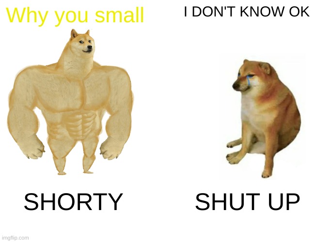 BUFF DOGE VS. CHEEMS | Why you small; I DON'T KNOW OK; SHORTY; SHUT UP | image tagged in memes,buff doge vs cheems | made w/ Imgflip meme maker