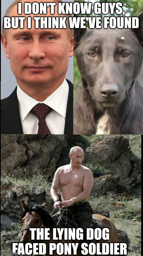 Lying Dog Faced Pony Soldier Found | I DON'T KNOW GUYS, BUT I THINK WE'VE FOUND; THE LYING DOG FACED PONY SOLDIER | image tagged in vladimir putin,putin,joe biden,dementia | made w/ Imgflip meme maker