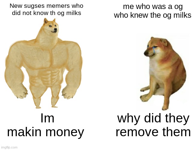 the meme imgflip should understand | New sugses memers who did not know th og milks; me who was a og who knew the og milks; Im makin money; why did they remove them | image tagged in memes,buff doge vs cheems,milk | made w/ Imgflip meme maker