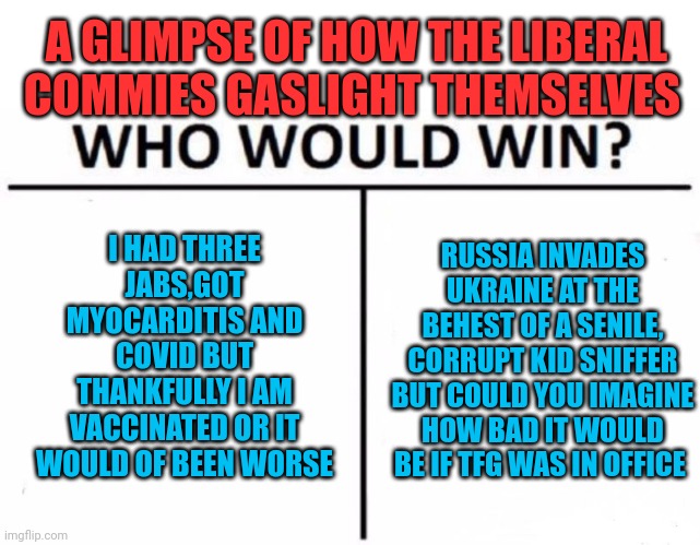 I hate having to call you stupid, I don't like insulting you but you don't ever learn | A GLIMPSE OF HOW THE LIBERAL COMMIES GASLIGHT THEMSELVES; I HAD THREE JABS,GOT MYOCARDITIS AND COVID BUT THANKFULLY I AM VACCINATED OR IT WOULD OF BEEN WORSE; RUSSIA INVADES UKRAINE AT THE BEHEST OF A SENILE, CORRUPT KID SNIFFER BUT COULD YOU IMAGINE HOW BAD IT WOULD BE IF TFG WAS IN OFFICE | image tagged in memes,who would win,for dummies | made w/ Imgflip meme maker
