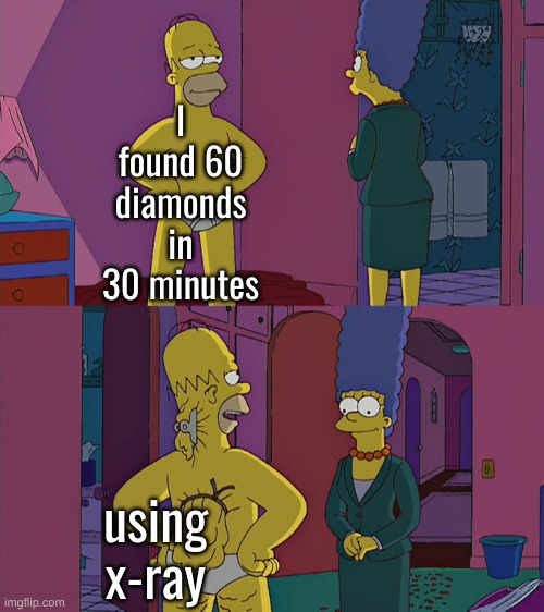 Wow | I found 60 diamonds in 30 minutes; using x-ray | image tagged in homer simpson's back fat | made w/ Imgflip meme maker