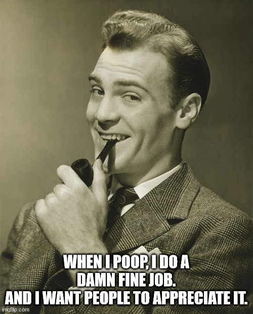 Smug | WHEN I POOP, I DO A DAMN FINE JOB.
AND I WANT PEOPLE TO APPRECIATE IT. | image tagged in smug | made w/ Imgflip meme maker