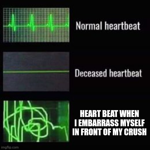 This happened yesterday |  HEART BEAT WHEN I EMBARRASS MYSELF IN FRONT OF MY CRUSH | image tagged in heartbeat rate,embarrass | made w/ Imgflip meme maker