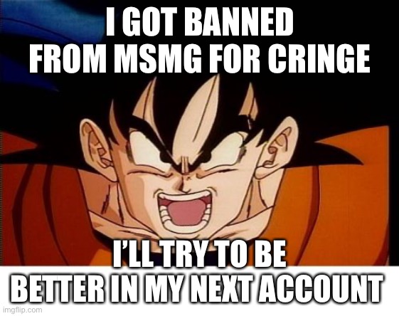 Crosseyed Goku Meme | I GOT BANNED FROM MSMG FOR CRINGE; I’LL TRY TO BE BETTER IN MY NEXT ACCOUNT | image tagged in memes,crosseyed goku | made w/ Imgflip meme maker