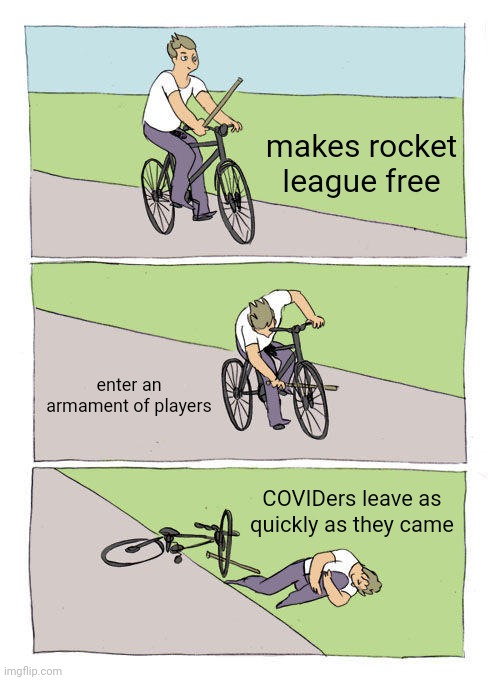 psyonix rocket league fail | makes rocket league free; enter an armament of players; COVIDers leave as quickly as they came | image tagged in memes,bike fall,rocket league | made w/ Imgflip meme maker
