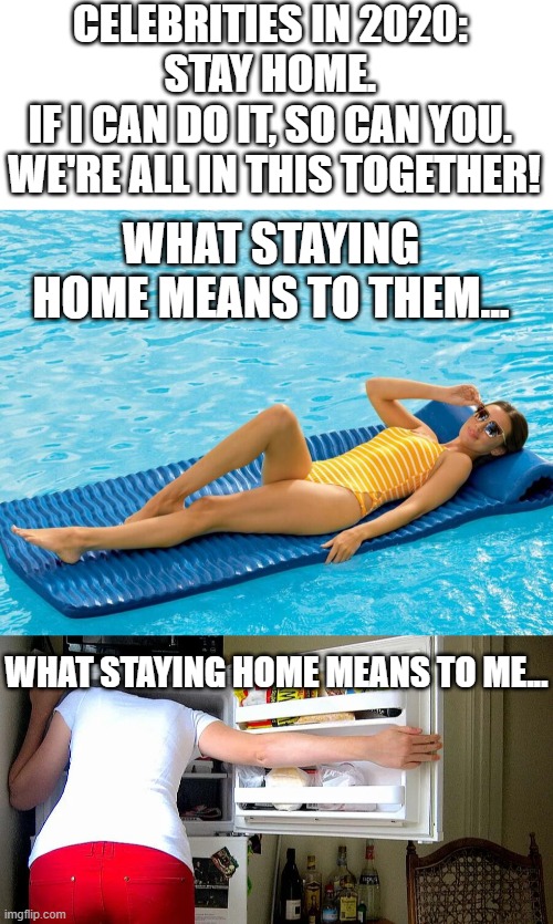 Celebrities in 2020 |  CELEBRITIES IN 2020: 
STAY HOME. 
IF I CAN DO IT, SO CAN YOU. 
WE'RE ALL IN THIS TOGETHER! WHAT STAYING HOME MEANS TO THEM... WHAT STAYING HOME MEANS TO ME... | image tagged in stay home,we're all in this together,covid-19,celebrities | made w/ Imgflip meme maker