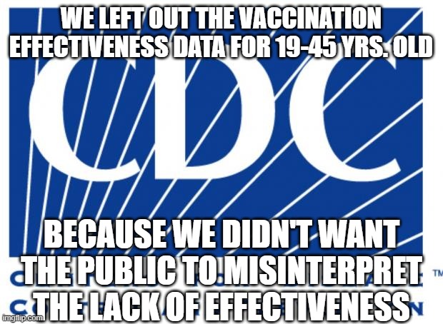 cdc | WE LEFT OUT THE VACCINATION EFFECTIVENESS DATA FOR 19-45 YRS. OLD; BECAUSE WE DIDN'T WANT THE PUBLIC TO MISINTERPRET THE LACK OF EFFECTIVENESS | image tagged in cdc | made w/ Imgflip meme maker