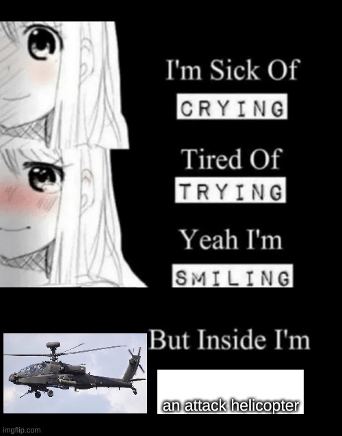 I'm Sick Of Crying | an attack helicopter | image tagged in i'm sick of crying | made w/ Imgflip meme maker