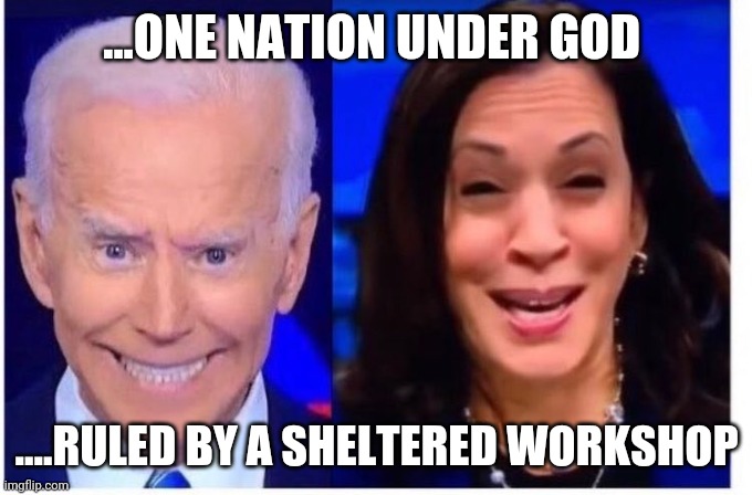 Biden Harris | ...ONE NATION UNDER GOD; ....RULED BY A SHELTERED WORKSHOP | image tagged in biden harris | made w/ Imgflip meme maker