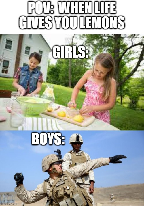 throw that lemen | POV:  WHEN LIFE GIVES YOU LEMONS; GIRLS:; BOYS: | image tagged in toss grenade | made w/ Imgflip meme maker