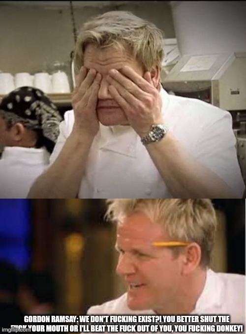 GORDON RAMSAY: WE DON'T FUCKING EXIST?! YOU BETTER SHUT THE FUCK YOUR MOUTH OR I'LL BEAT THE FUCK OUT OF YOU, YOU FUCKING DONKEY! | image tagged in gordon ramsey,you f donkey - gordon ramsay | made w/ Imgflip meme maker