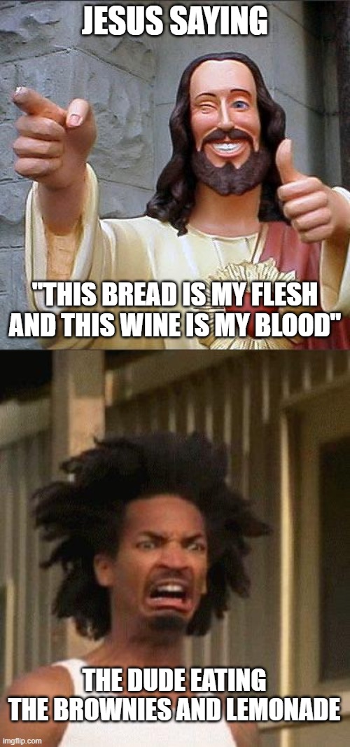 *realization* FUUUUUUUUU- | JESUS SAYING; "THIS BREAD IS MY FLESH AND THIS WINE IS MY BLOOD"; THE DUDE EATING THE BROWNIES AND LEMONADE | image tagged in memes,buddy christ,disgusted face | made w/ Imgflip meme maker