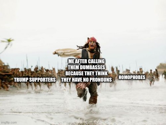 Jack Sparrow Being Chased | ME AFTER CALLING THEM DUMBASSES BECAUSE THEY THINK THEY HAVE NO PRONOUNS; HOMOPHOBES; TRUMP SUPPORTERS | image tagged in memes,jack sparrow being chased | made w/ Imgflip meme maker