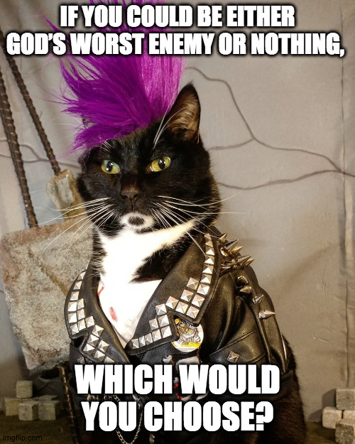 Kitty is a Punk Rocker |  IF YOU COULD BE EITHER GOD’S WORST ENEMY OR NOTHING, WHICH WOULD YOU CHOOSE? | image tagged in punk rock,nihilism,anarchy,cat,kitty,punk | made w/ Imgflip meme maker