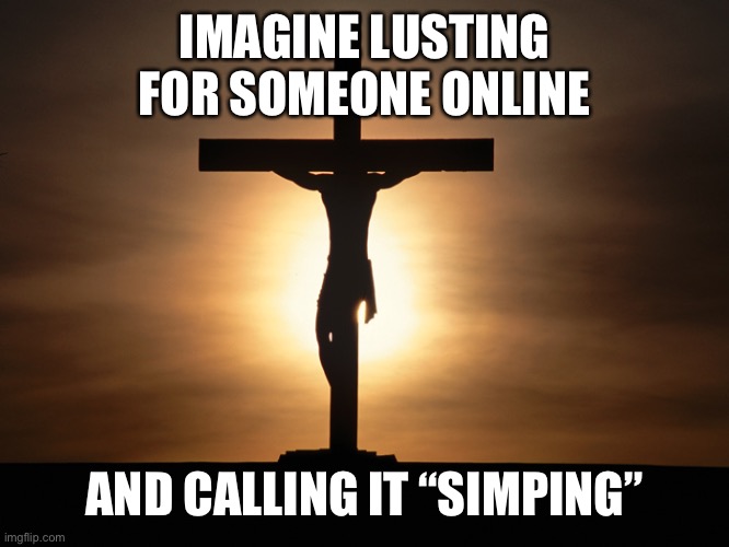 Christian | IMAGINE LUSTING FOR SOMEONE ONLINE; AND CALLING IT “SIMPING” | image tagged in christian | made w/ Imgflip meme maker