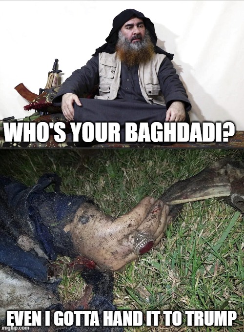 WHO'S YOUR BAGHDADI? EVEN I GOTTA HAND IT TO TRUMP | image tagged in isis leader | made w/ Imgflip meme maker