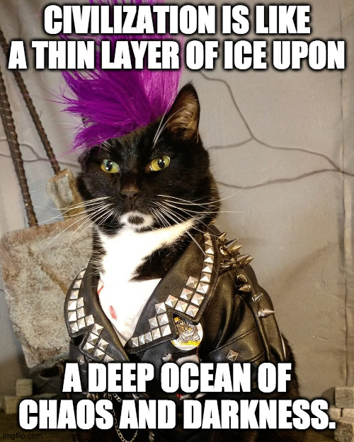 Punk Rock Kat |  CIVILIZATION IS LIKE A THIN LAYER OF ICE UPON; A DEEP OCEAN OF CHAOS AND DARKNESS. | image tagged in punk rock,cat,nihilism,anarchy,chaos | made w/ Imgflip meme maker