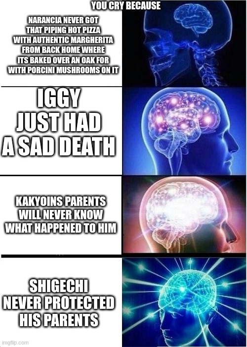 jjba sad deaths | YOU CRY BECAUSE; NARANCIA NEVER GOT THAT PIPING HOT PIZZA WITH AUTHENTIC MARGHERITA FROM BACK HOME WHERE ITS BAKED OVER AN OAK FOR WITH PORCINI MUSHROOMS ON IT; IGGY JUST HAD A SAD DEATH; KAKYOINS PARENTS WILL NEVER KNOW WHAT HAPPENED TO HIM; SHIGECHI NEVER PROTECTED HIS PARENTS | image tagged in jojo's bizarre adventure,jojo,jojo meme,jjba | made w/ Imgflip meme maker