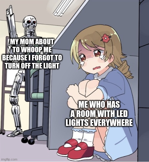 Anime Girl Hiding from Terminator | MY MOM ABOUT TO WHOOP ME BECAUSE I FORGOT TO TURN OFF THE LIGHT; ME WHO HAS A ROOM WITH LED LIGHTS EVERYWHERE | image tagged in anime girl hiding from terminator | made w/ Imgflip meme maker