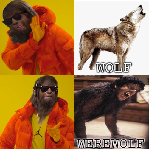 teen drake wolf | WOLF; WEREWOLF | image tagged in blank drake format,drake hotline bling,drake,teendrake,wolfdrake | made w/ Imgflip meme maker