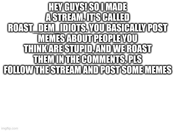 Blank White Template | HEY GUYS! SO I MADE A STREAM. IT'S CALLED ROAST_DEM_IDIOTS. YOU BASICALLY POST MEMES ABOUT PEOPLE YOU THINK ARE STUPID, AND WE ROAST THEM IN THE COMMENTS. PLS FOLLOW THE STREAM AND POST SOME MEMES | image tagged in blank white template | made w/ Imgflip meme maker