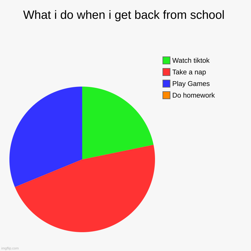 :) | What i do when i get back from school | Do homework, Play Games, Take a nap, Watch tiktok | image tagged in charts,pie charts | made w/ Imgflip chart maker