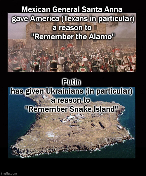 "remember the alamo" "remember Snake Island" | Mexican General Santa Anna 
gave America (Texans in particular)
a reason to 
"Remember the Alamo"; Putin
has given Ukrainians (in particular)
a reason to 
"Remember Snake Island" | image tagged in snake island | made w/ Imgflip meme maker