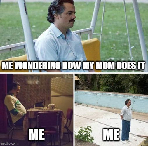 Sad Pablo Escobar Meme | ME WONDERING HOW MY MOM DOES IT ME ME | image tagged in memes,sad pablo escobar | made w/ Imgflip meme maker