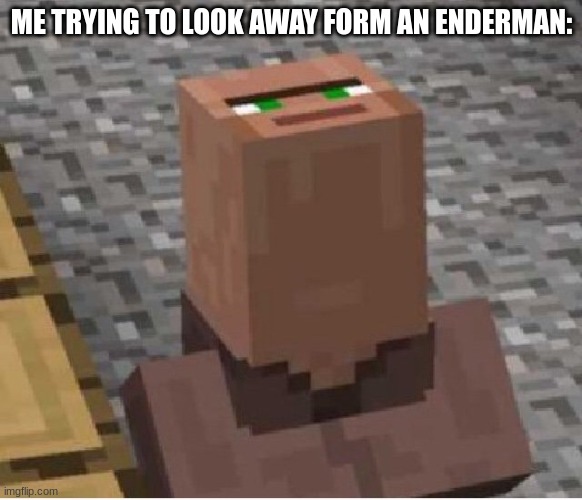 lol | ME TRYING TO LOOK AWAY FORM AN ENDERMAN: | image tagged in minecraft villager looking up | made w/ Imgflip meme maker