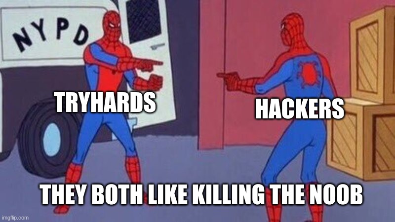 spiderman pointing at spiderman | TRYHARDS; HACKERS; THEY BOTH LIKE KILLING THE NOOB | image tagged in spiderman pointing at spiderman | made w/ Imgflip meme maker