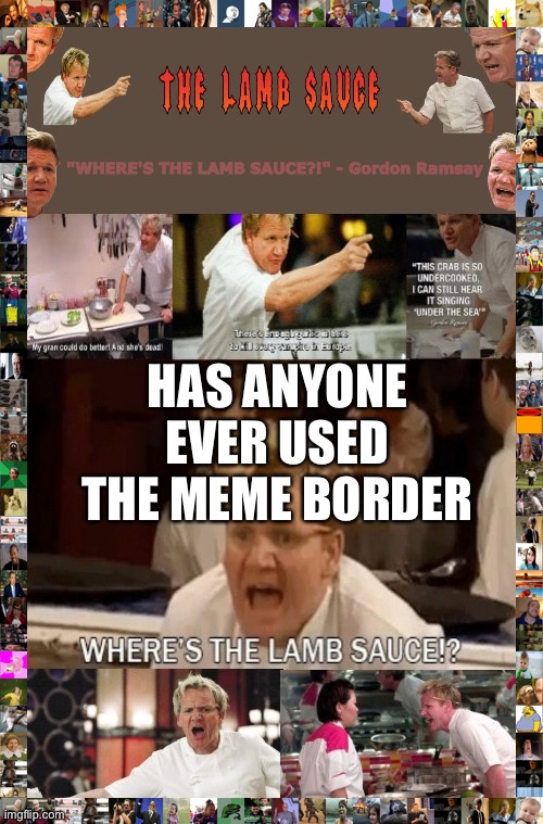 The-Lamb-Sauce’s announcement temp | HAS ANYONE EVER USED THE MEME BORDER | image tagged in the-lamb-sauce s announcement temp | made w/ Imgflip meme maker