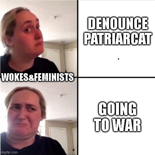 Kombucha Girl Reverted | DENOUNCE PATRIARCAT; WOKES&FEMINISTS; GOING TO WAR | image tagged in kombucha girl reverted | made w/ Imgflip meme maker