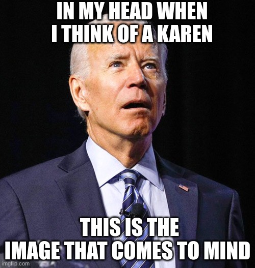 Joe Biden | IN MY HEAD WHEN I THINK OF A KAREN; THIS IS THE IMAGE THAT COMES TO MIND | image tagged in joe biden | made w/ Imgflip meme maker
