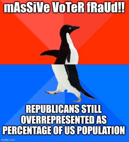 Socially Awesome Awkward Penguin Meme | mAsSiVe VoTeR fRaUd!! REPUBLICANS STILL OVERREPRESENTED AS PERCENTAGE OF US POPULATION | image tagged in memes,socially awesome awkward penguin | made w/ Imgflip meme maker