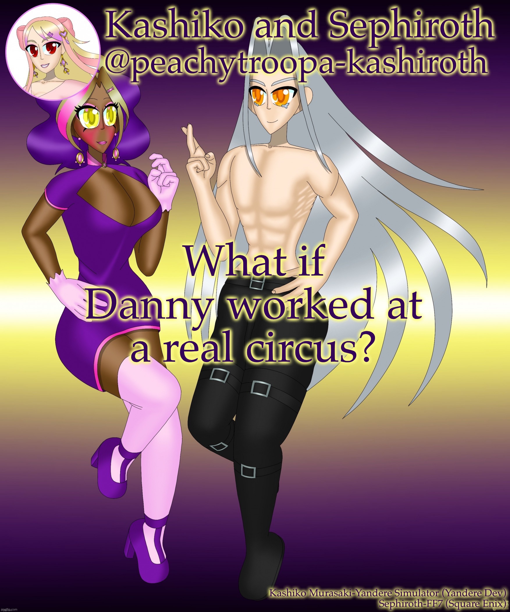 Kashiko Murasaki and Sephiroth | What if Danny worked at a real circus? | image tagged in kashiko murasaki and sephiroth | made w/ Imgflip meme maker