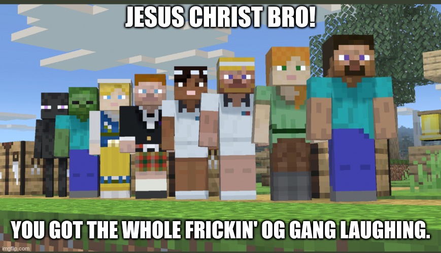 Minecraft squad laughing | JESUS CHRIST BRO! YOU GOT THE WHOLE FRICKIN' OG GANG LAUGHING. | image tagged in minecraft squad laughing | made w/ Imgflip meme maker