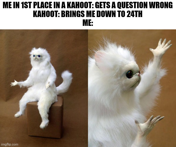 Persian Cat Room Guardian Meme | ME IN 1ST PLACE IN A KAHOOT: GETS A QUESTION WRONG
KAHOOT: BRINGS ME DOWN TO 24TH
ME: | image tagged in memes,persian cat room guardian | made w/ Imgflip meme maker