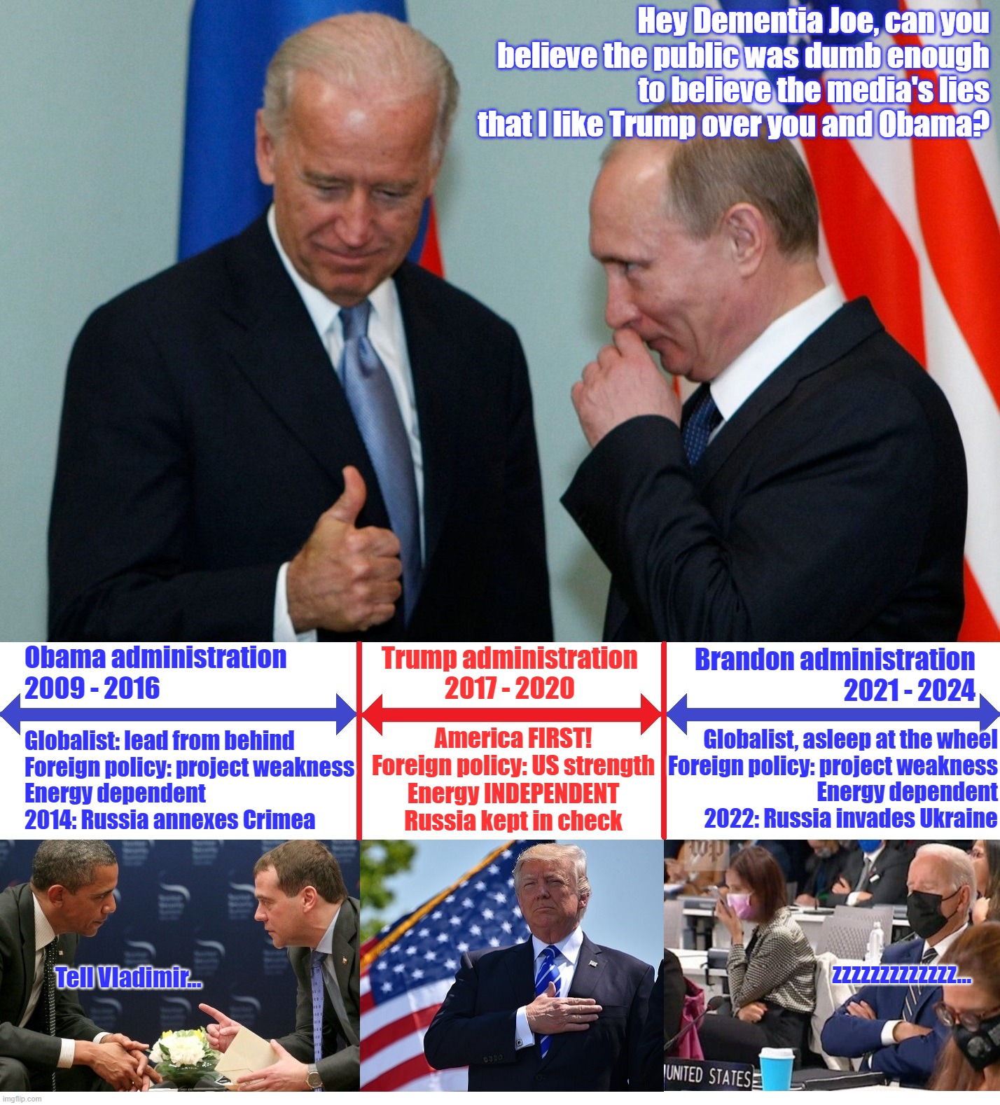 Putin ran circles around president Obama, and now president Biden. He FEARED the US response when president Trump was in office. | Hey Dementia Joe, can you believe the public was dumb enough to believe the media's lies that I like Trump over you and Obama? Trump administration
2017 - 2020; Obama administration
2009 - 2016; Brandon administration
2021 - 2024; America FIRST!
Foreign policy: US strength
Energy INDEPENDENT
Russia kept in check; Globalist: lead from behind
Foreign policy: project weakness
Energy dependent
2014: Russia annexes Crimea; Globalist, asleep at the wheel
Foreign policy: project weakness
Energy dependent
2022: Russia invades Ukraine; zzzzzzzzzzzzz... Tell Vladimir... | image tagged in trump,trump 2024,biden,putin,obama | made w/ Imgflip meme maker