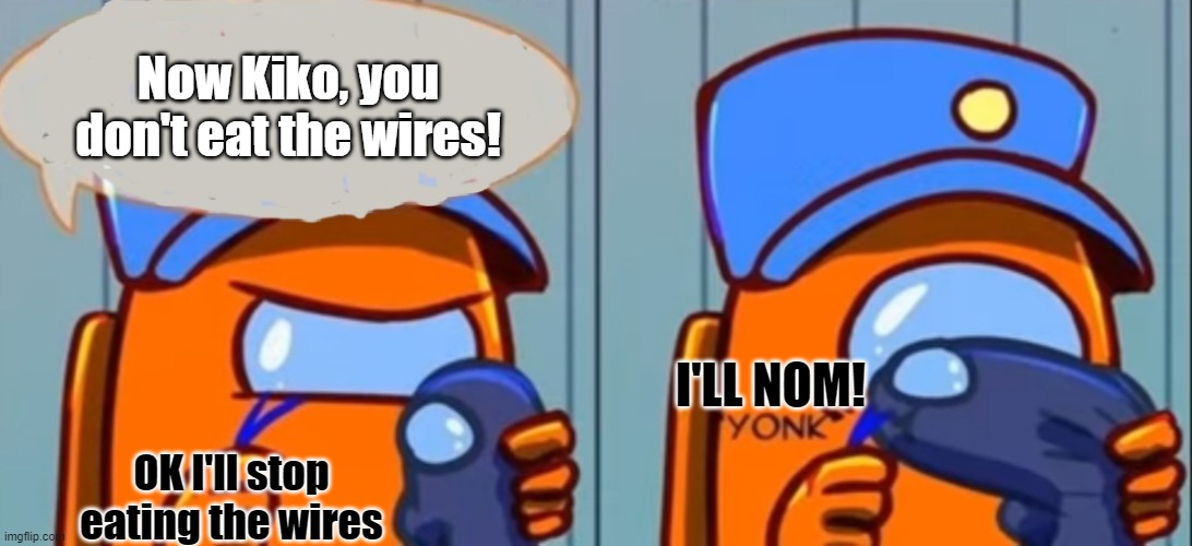Nom Da Wires! | Now Kiko, you don't eat the wires! I'LL NOM! OK I'll stop eating the wires | image tagged in among us don't eat the wires | made w/ Imgflip meme maker