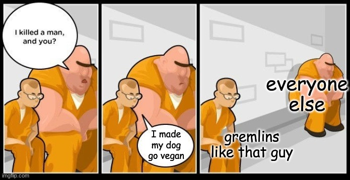 KingMeme_XV is here! | everyone else; gremlins like that guy; I made my dog go vegan | image tagged in certified bruh moment | made w/ Imgflip meme maker