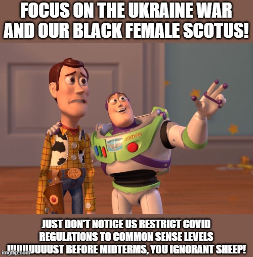 Democrat strategies seem to work on goldfish memories. | FOCUS ON THE UKRAINE WAR AND OUR BLACK FEMALE SCOTUS! JUST DON'T NOTICE US RESTRICT COVID REGULATIONS TO COMMON SENSE LEVELS JUUUUUUUST BEFORE MIDTERMS, YOU IGNORANT SHEEP! | image tagged in memes,x x everywhere | made w/ Imgflip meme maker