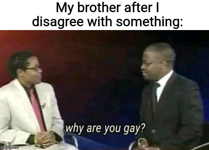 Why are you gay? | My brother after I disagree with something: | image tagged in why are you gay | made w/ Imgflip meme maker