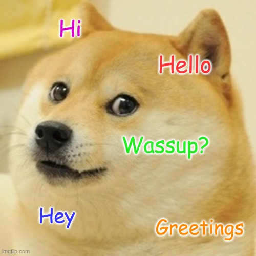 Doge Meme | Hi; Hello; Wassup? Hey; Greetings | image tagged in memes,doge | made w/ Imgflip meme maker